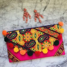 Moyna Foldover Clutch With Pom Pom Trim