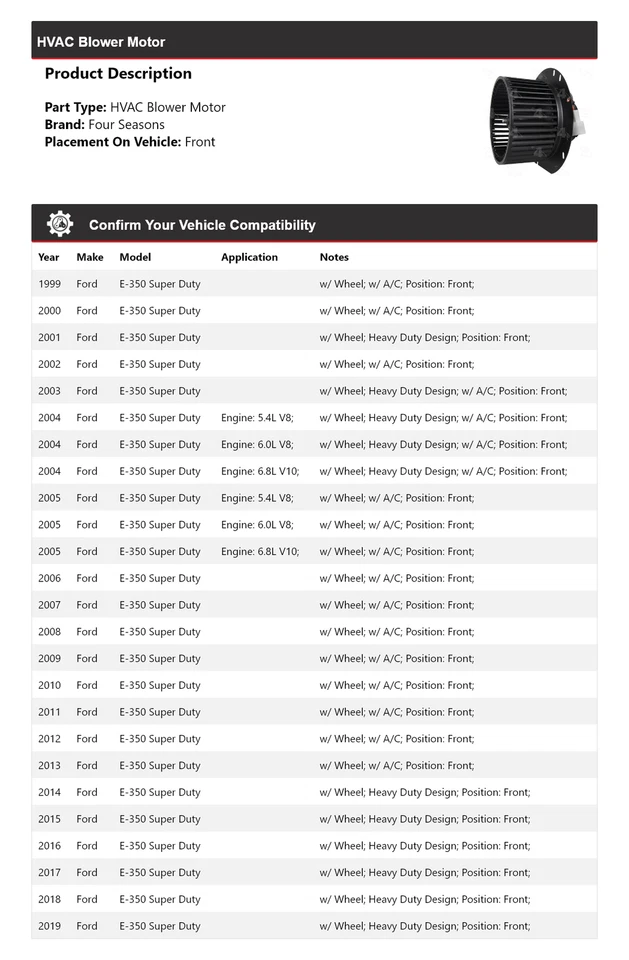 适用于 1999 - 2019 年福特 E-350 超值暖通空调鼓风机电机前 4 季 2000 2001 — 第 2/4 张图片