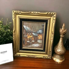 Beautiful Vintage Framed Oil Painting Houses Lights Hecho In Mexico 17”x15”