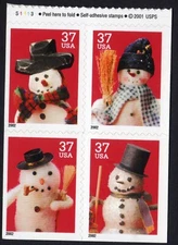 Scott #3687a Snowman Greetings - 37¢ Booklet Pane Plate Block of 4 Stamps - MNH