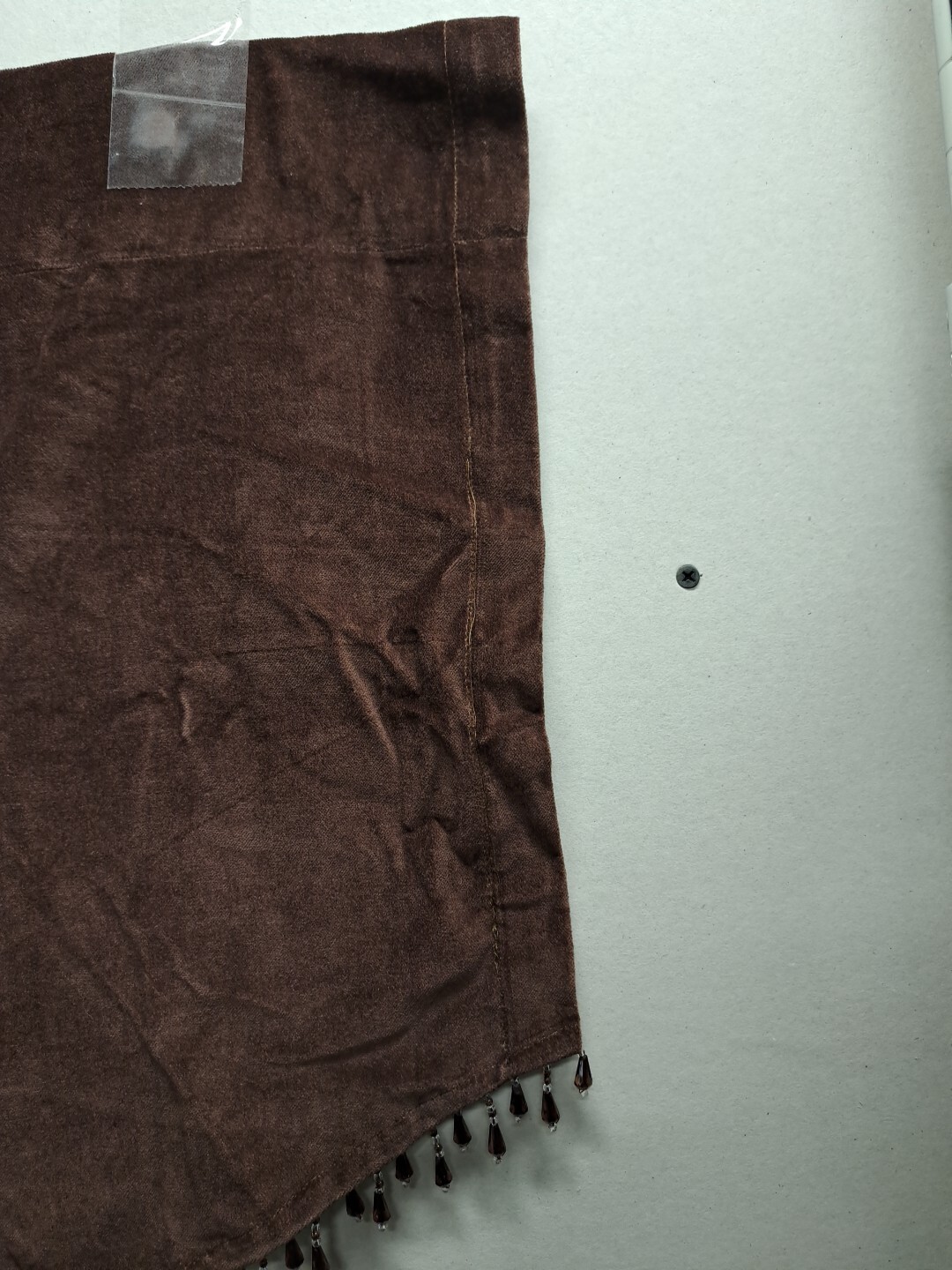 Brown Velour Velvet Valance Curtains 54x17½ Window Topper Scalloped Beaded Retro