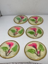 COASTERS Set of 6 CAPIZ SHELL Mother of Pearl Cork Backing VINTAGE MCM 3" Pink