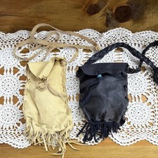 Lot of 2 Leather Fringe Drawstring Pouches, Braided Strap, Beige/Black Native Am
