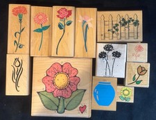Flowers Rubber Stamp Wood Lot Garden Vase Fence Rose Sunflower Dandelion More