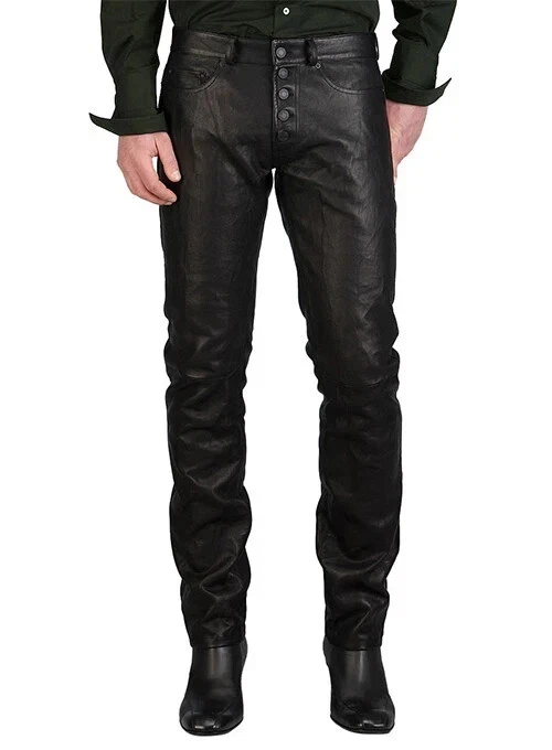 Men's Genuine Lambskin Leather Black Pant Front Buttoned Slim Fit Casual Pant