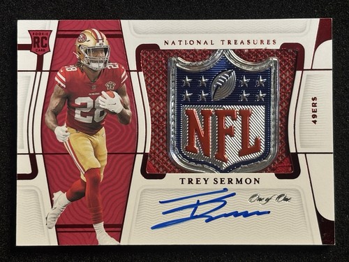 2021 National Treasures Trey Sermon Rookie Materials NFL Shield Patch Auto 1/1!