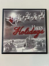 Christmas Happy Holidays Santa Reindeer Village Scene Wall Art Hanging Plaque