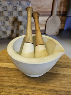 Unglazed Antique Drug Store White Apothecary Ceramic Mortar & 2 Pestles