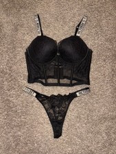 Victoria s Secret 34C Black Lace Bustier Corset Bra Thong Set Rhinestone