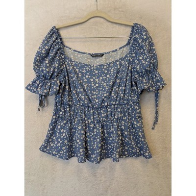 SHEIN Women's Size L 8/10 Blue Floral Smocked Peplum Top Square Neck Puff Sleeve