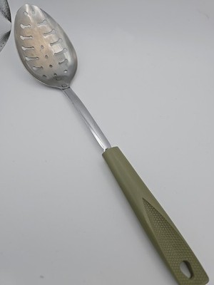Vintage Kitchen Utensil Ekco Slotted Serving Spoon Avocado Green Plastic Handle