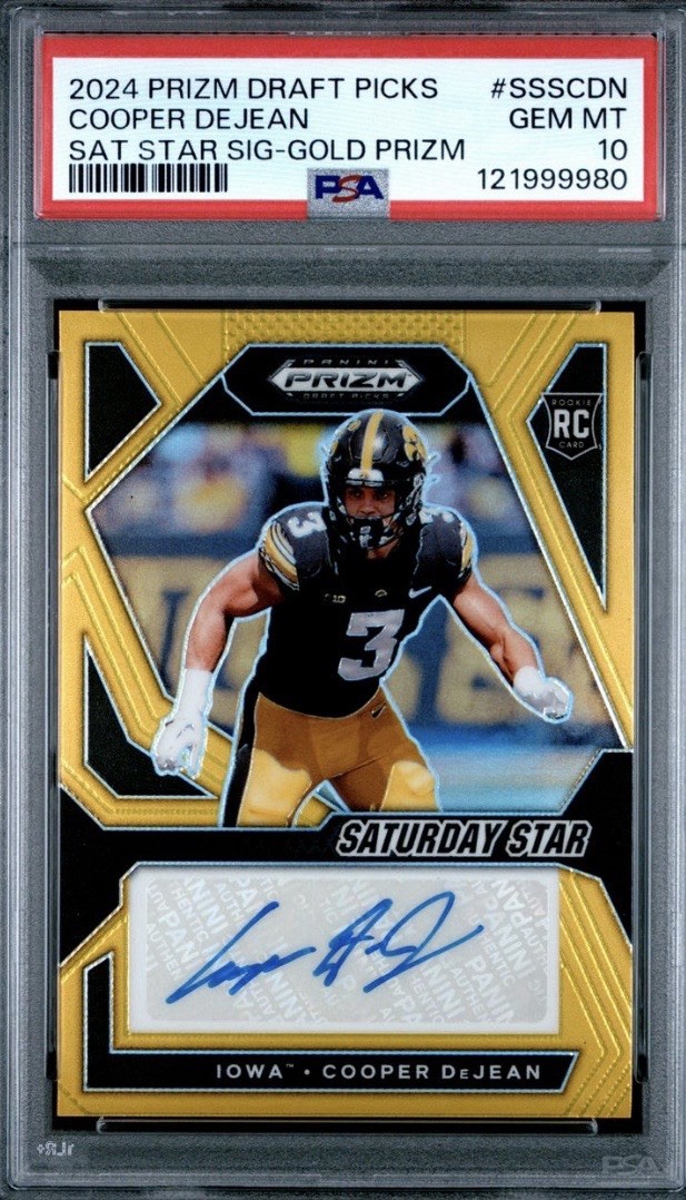 2024 Cooper DeJean 02/10 AUTO GOLD PRIZM Panini No. SSS-CDN (RC) (PSA 10) (CM)
