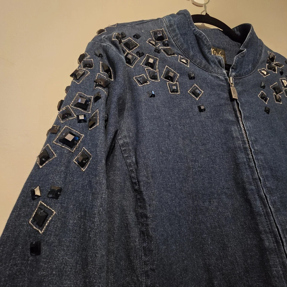 Chaqueta De Colección Bob Mackie Usable Arte Azul Denim Cremallera Mujeres LG Estrás Artística Foto 2 de 4
