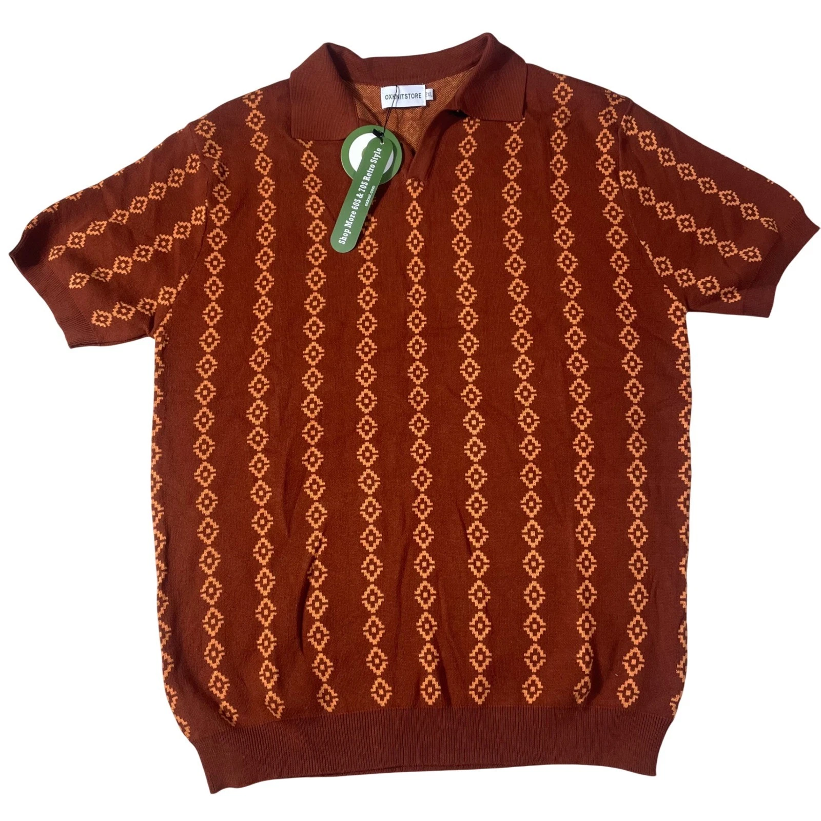 NWT Oxknit Store Mens 2XL Retro 60s Knit Polo Rust Brown Geometric Stripe A3