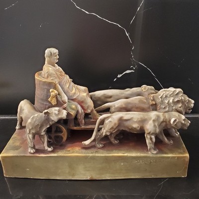 Arthur Strasser Signed  Amphora Austria Cesar In Chariot Pulled By Lions L 11''