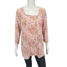 LOGO by Lori Goldstein Printed Square Neck Top Small Size Trendy Tee Shirt