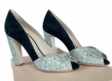 Miu Miu 5K684C Glitter Women's Black and Silver High Heel Pumps, 36, 38