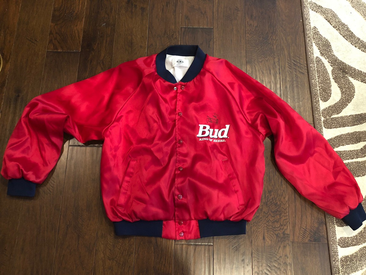 Vintage Red Satin Budweiser Jacket With Mysterious Signature Vintage Red Satin Budweiser Jacket With Mysterious Signature