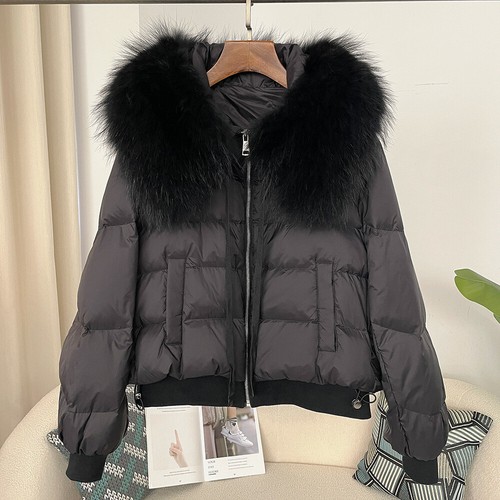 Removable Raccoon Fur Collar Women's Short White Duck Down Jacket Coats Parka - Picture 20 of 39