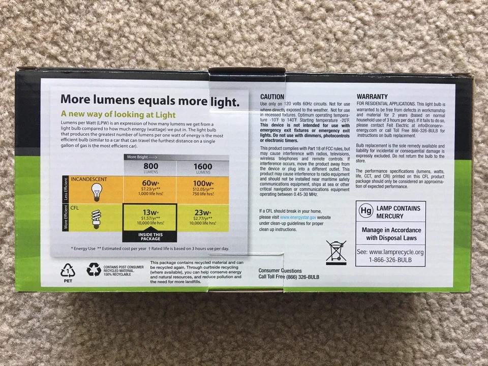 12 Light Bulbs Feit CE13T2 Conserv-Energy 60W Equivalent CFL 13-Watt 3Box 4/Pack - Image 3 of 4