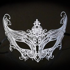 Luxury Laser Cut Metal Venetian Masquerade Mask for Women WHITE WITH GEMS