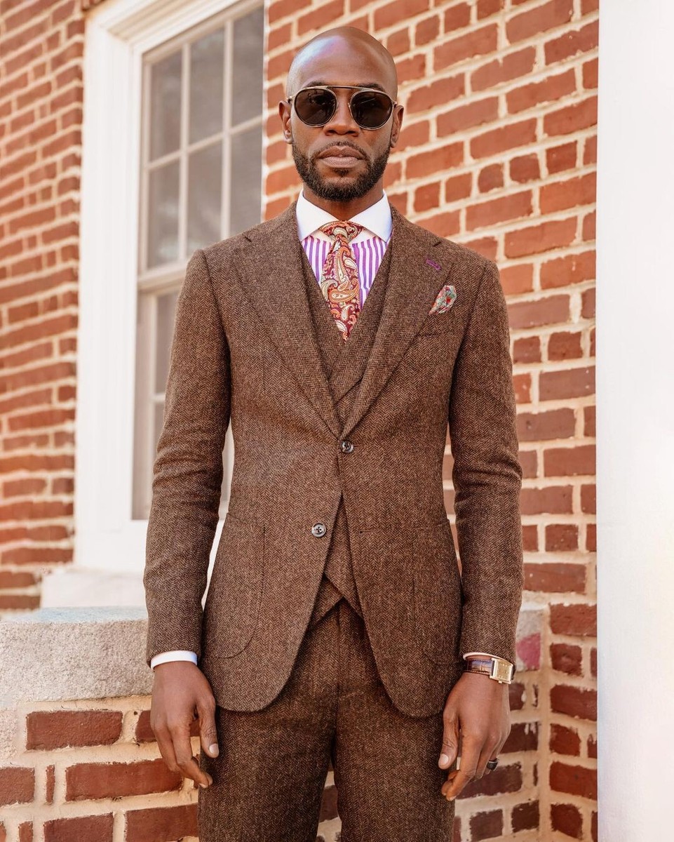 Autumn Winter Mens Coffee Herringbone Tweed Suits 3 Pieces Slim