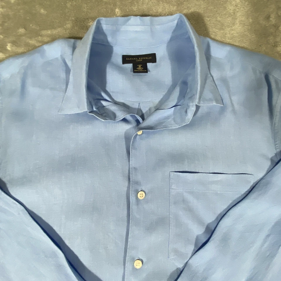 Banana Republic Dress Shirt Men’s Medium 100% Linen Long Sleeve Blue - Image 2 of 4