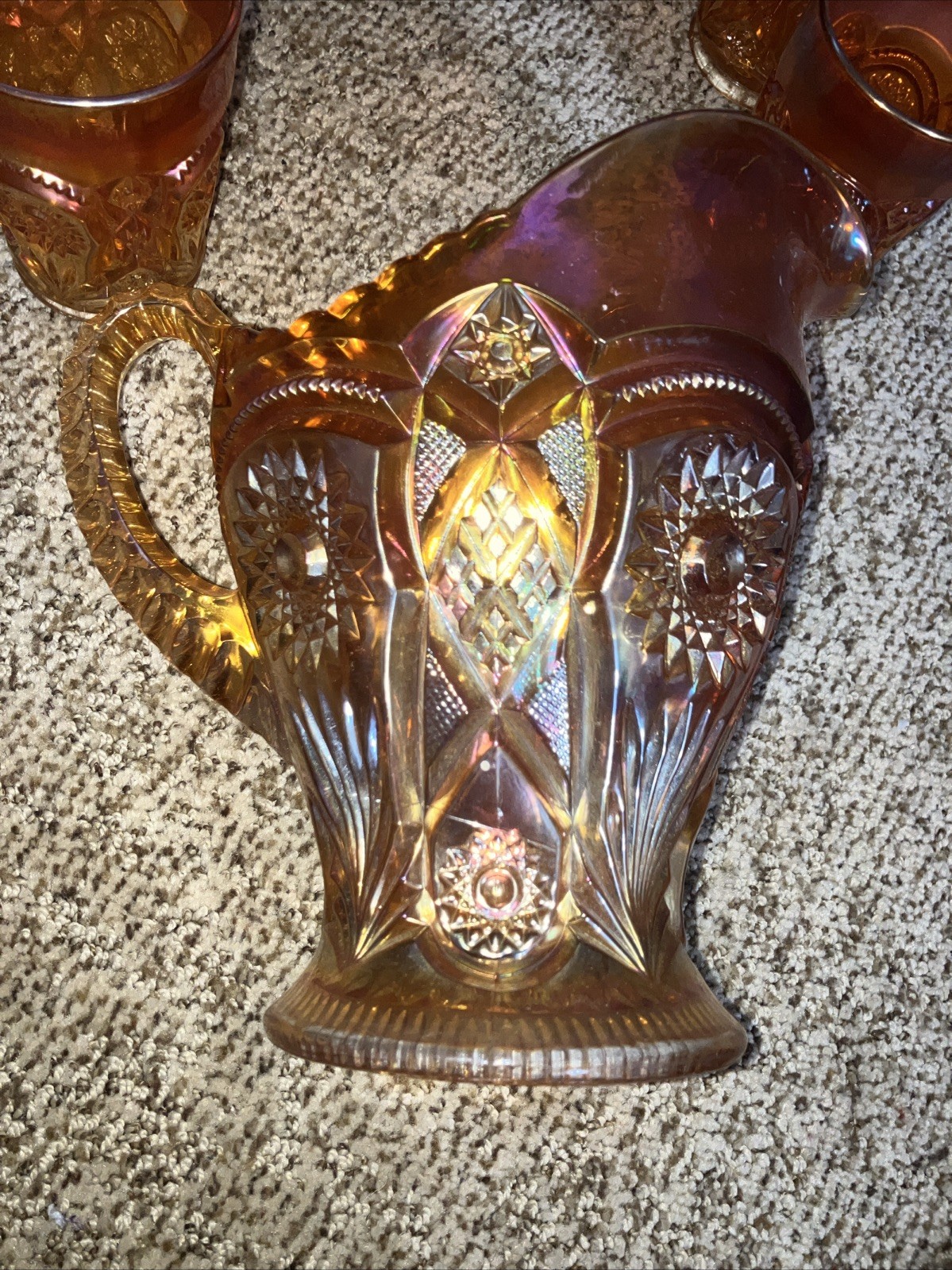 Carnival Glass  Imperial Marigold Water Set 6 Tumblers, 1 Pitcher