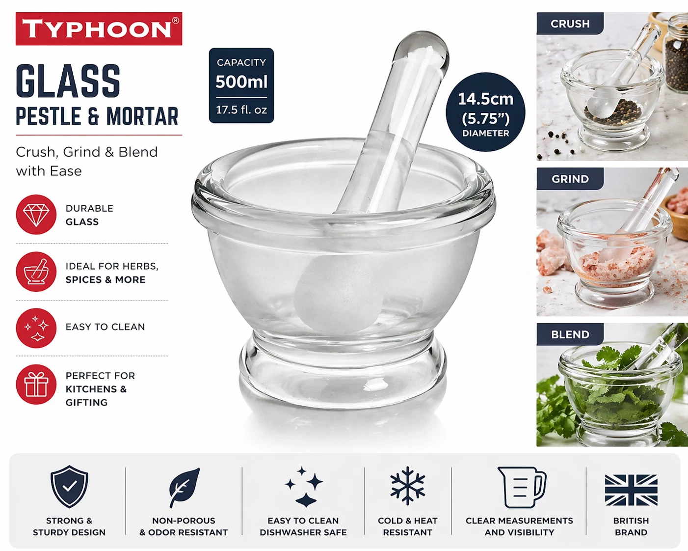 Typhoon Glass Mortar and Pestle 500ml Clear Spice Herb Grinder Crusher Bowl
Opens in a new window or