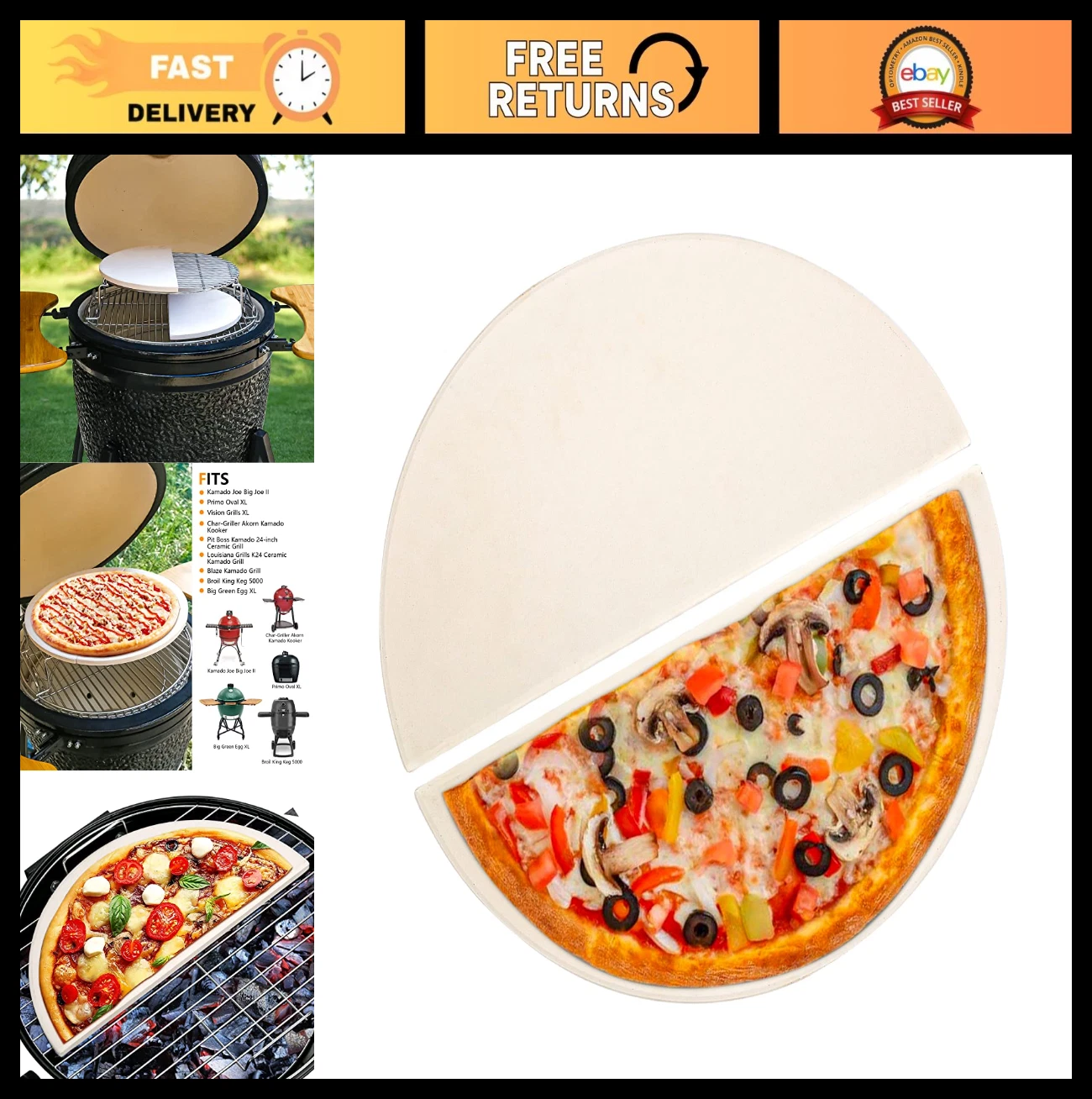 Half Moon Pizza Baking Stone Set - 19.7” Ceramic Cooking Stones for Kamado Grill