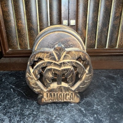 Vintage Hand-Carved Jamaican Wood 5 Coaster Set with Holder