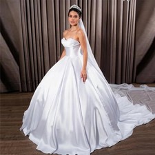 Satin Sleeveless A-Line Wedding Dresses Sweetheart Sweep Train Elegant