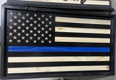 Thin Blue Line American Flag Framed Wooden Wall Plaque, Large Black