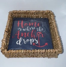 24 Mudpie Home is Where The Anchor Drop Navy Blue, Red Napkins W/ Wicker Holder