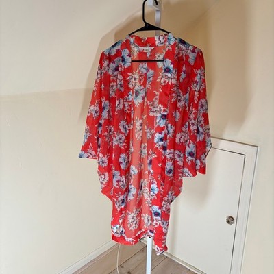 Victoria's Secret NWOT Womens Orange Cocoon Style Floral Kimono Swim Cover XS/S