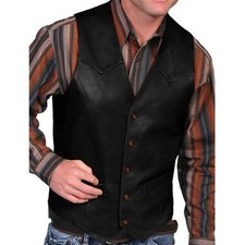 Mens Solid Leather V Neck Pocket Retro Color Vest Blouse Button Western Cowboy