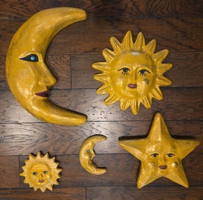 Vintage Celestial Bodies Themed Sun, Moon & Star Paper Mache Wall Decor Lot of 5