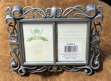 Double 2.5" x 3.5” Picture Photo Frame Silver Pewter Scroll Heart Ornate Pierce