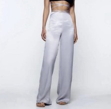 Zara Satin High-Waisted Wide Leg Pants in Silver Gray Women s Size XS