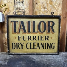 Vintage TAILOR Furrier Dry Cleaning Clothing Sign Painted On Wood Double Sided