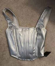Silver Metallic Faux Leather Corset Bustier Tank Crop Top Medium runs small