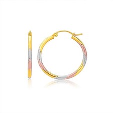 14k Tri-Color Textured Hoop Earrings 2x22mm 