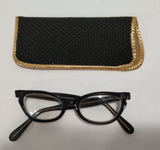 Vtg 1950s Foremost Cat Eye Black Eyeglasses with Original Soft Padded Case USA