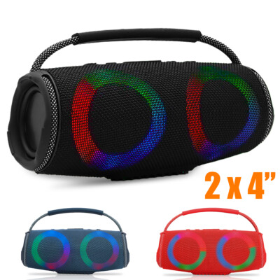 Portable Dual 4'' Bluetooth Speaker Boombox Wireless Stereo With LED Lights FM