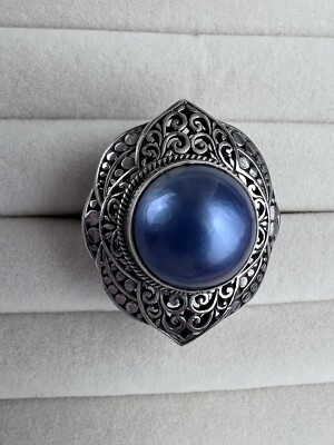 Neu mit Etikett Größe 10 blaue Mabe Perle Sterlingsilber 925 Ring Bali exotisches Boho-Design