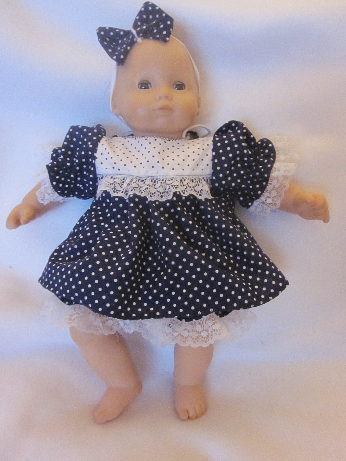 Bitty Baby doll clothes/16 inch/navy polka dot dress/bloomers/headband