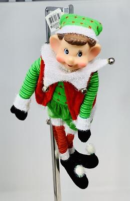 Santas Helper Elf Doll Shelf Sitter Christmas Holiday Decor Striped Hat w/  Bell