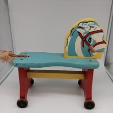 Children's Wooden Riding Horse with Wheels Vintage 14" Tall Blue and Red