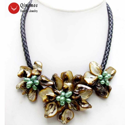 "Collar colgante barroco de flores verde cáscara para mujer con cuerda negra perla de 18""" - Imagen 9 de 17