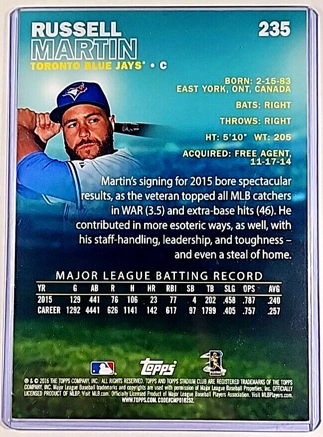 2016 Topps Stadium Club 5X7 Gold #235 Russell Martin /10 Blue Jays Jumbo 7x5 - Image 2 of 3